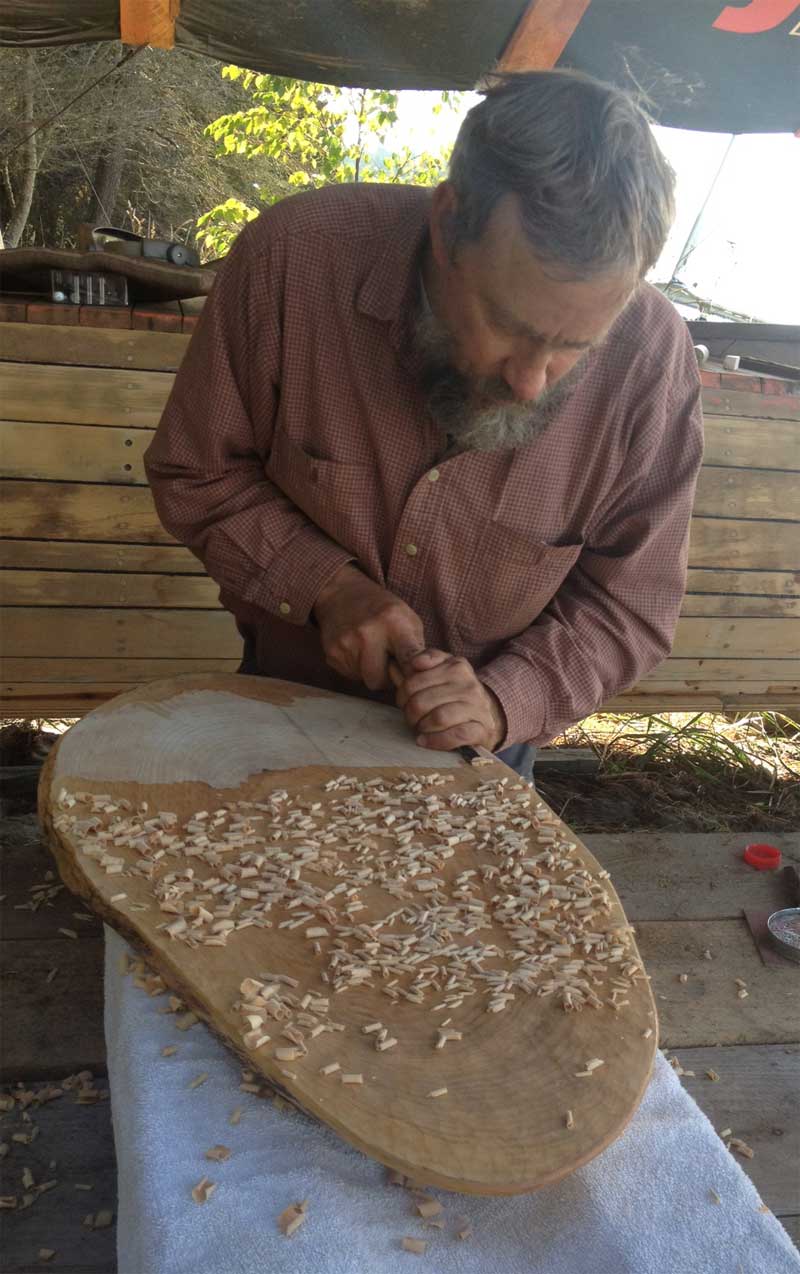 Texturing a slab of dry cherry with the new fishtail bullnose chisel.